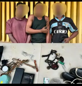 The three suspects and items allegedly stolen. Photo credit: police